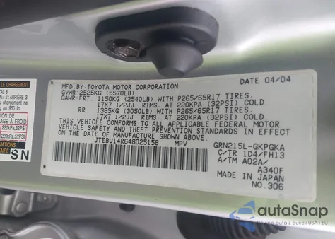 2004 Toyota 4Runner Sr5 Sport V6 from USA, damaged, VIN JTEBU14R648025158